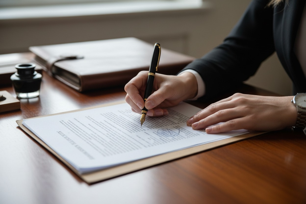 Una mujer con traje negro firma un documento en un escritorio de madera con una pluma estilográfica.